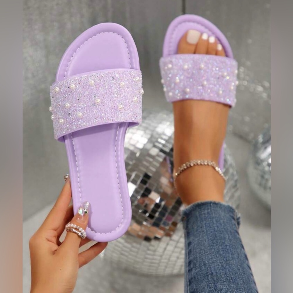 New purple rhinestone shoes sandals slip ons women’s size 8 - 8.5 slides dressy